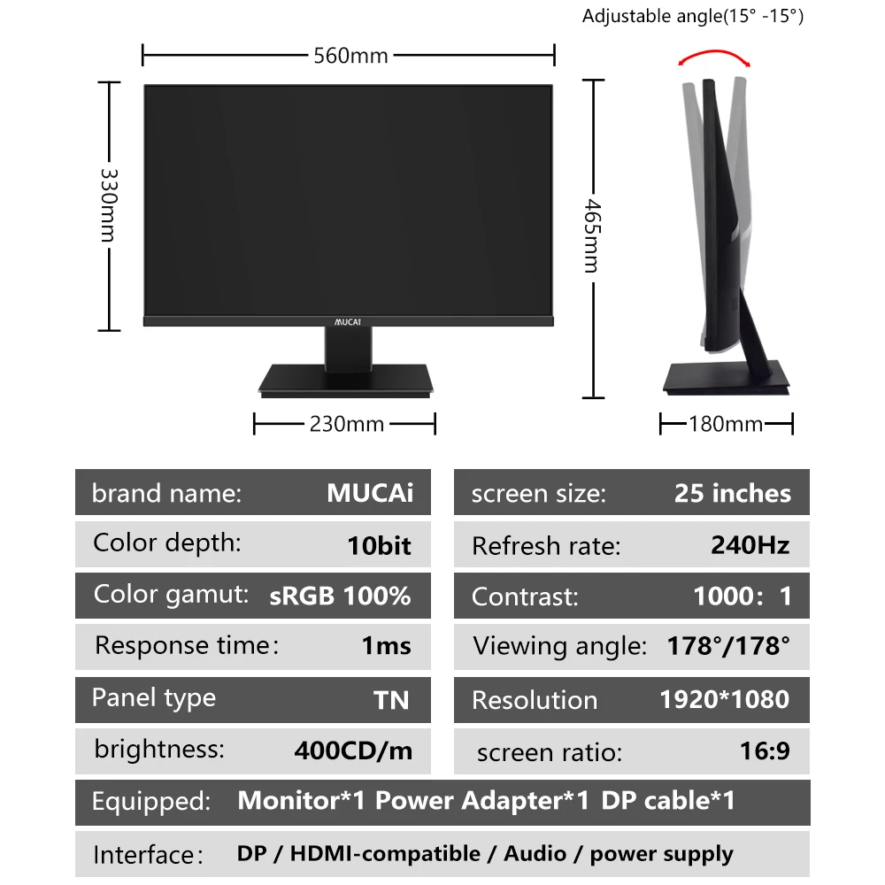 MUCAI-25 ġ  240Hz LCD ̸ ǻ ȭ ÷ PC, TN FHD ũž  г HDMI ȣȯ DP, 1920x1080