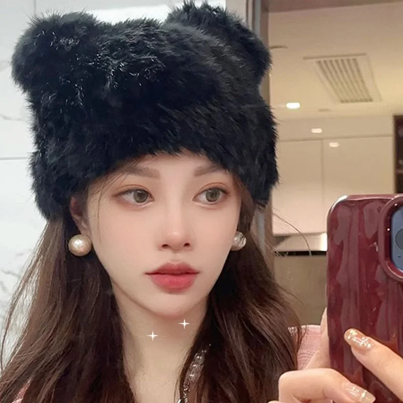 

Зимняя шапка с медвежьими ушками из кроличьего меха для женщин, Корейская Милая вязаная шапка Y2k, облегающие шапки, уличные теплые шапки для девочек и мальчиков