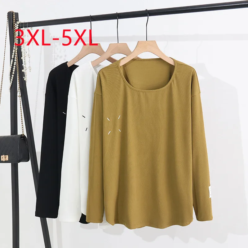 

New 2023 Ladies Spring Summer Plus Size Tops For Women Large Size Long Sleeve O-neck White T-shirt 3XL 4XL 5XL