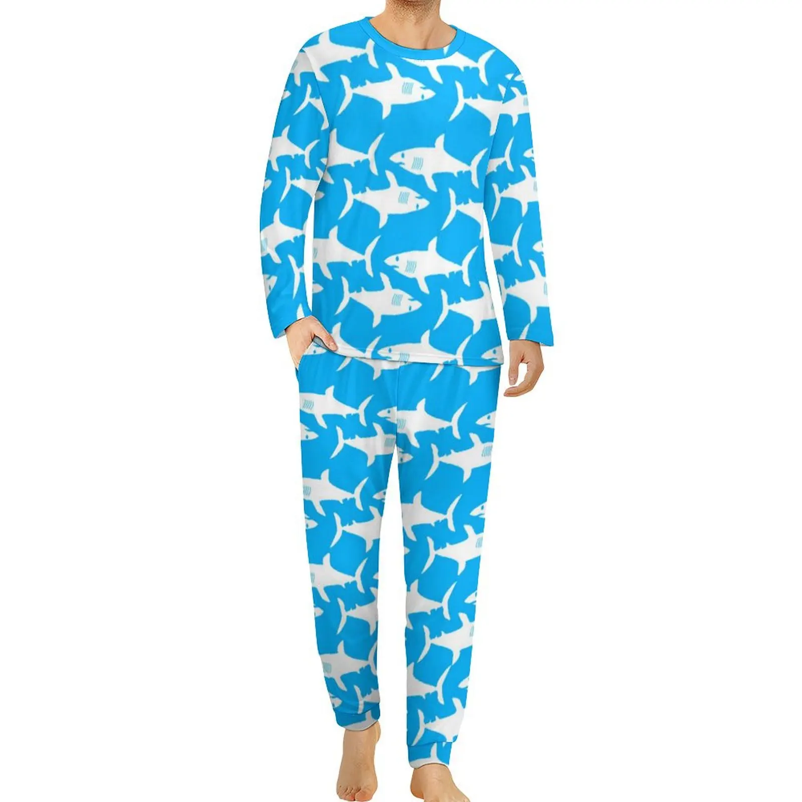 thumbnail image 1 of Pijama de tiburón divertido, conjunto de pijama de 2 piezas con estampado de vida marina de manga larga para hombre, ropa de dormir romántica de gran tamaño con gráficos de otoño, 1 of 5