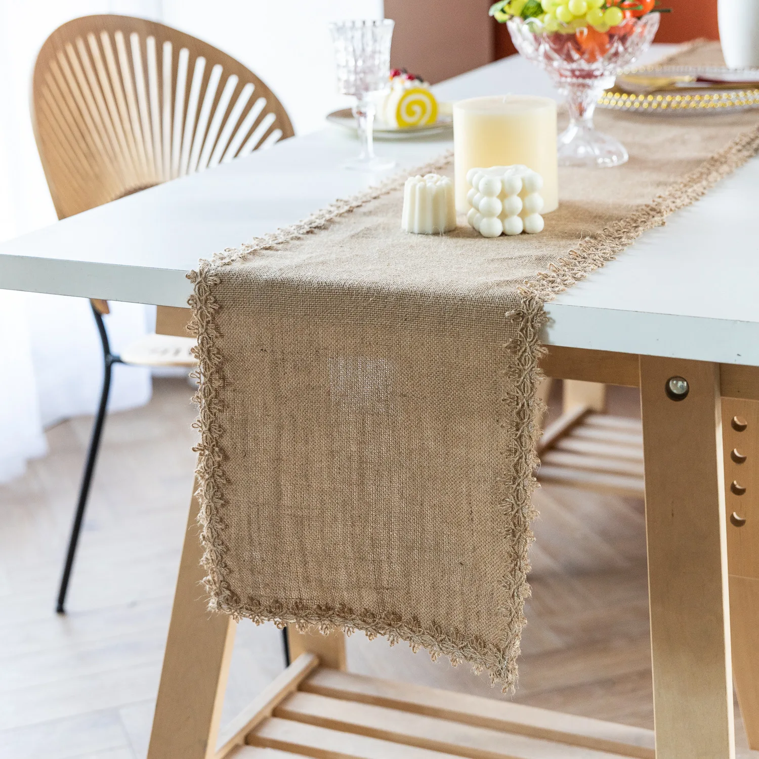 Jute Lace Linen Tablerunner for Christmas Home Table Decoration Table Flag Cloth Wedding Decoration Table runner images - 6