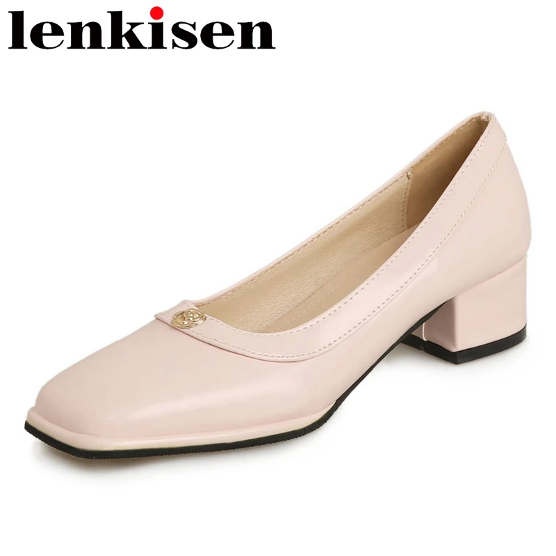 

Lenkisen New Full Grain Leather Square Toe Med Heels Spring Shoes Flower All-match Sweet Party Simple Style Slip on Women Pumps