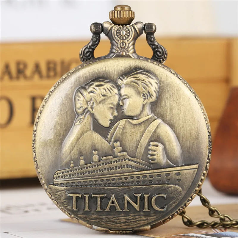 

Bronze Clock Carved Titanic Design Full Hunter Quartz Pocket Watch for Men Women Lover Timepiece with Sweater Chain Gift reloj