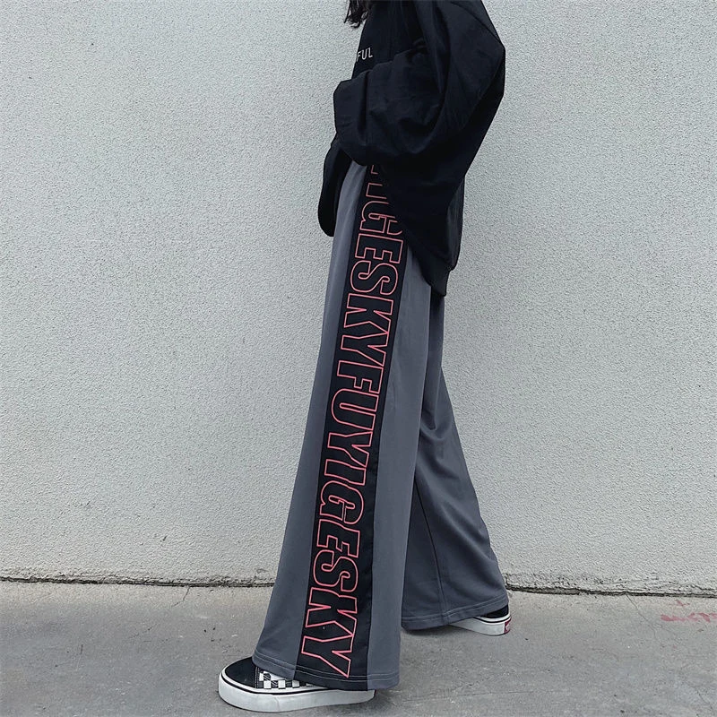 

High Waist Women Sweatpants American Style Letter Print Patchwork Loose Wide Leg Pants Streetwear Female Hip Hop Trousers