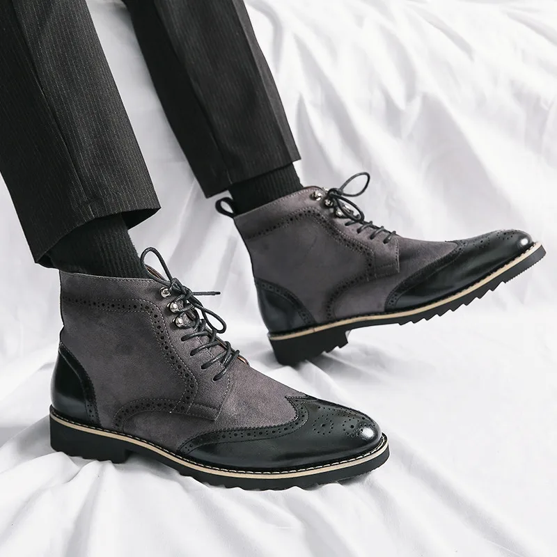 Retro Brown Mens Brogue Shoes Pointed Dress Shoes Men's Ankle Boots Lace-up High Top Casual Leather Shoes Men Botas Para Hombre