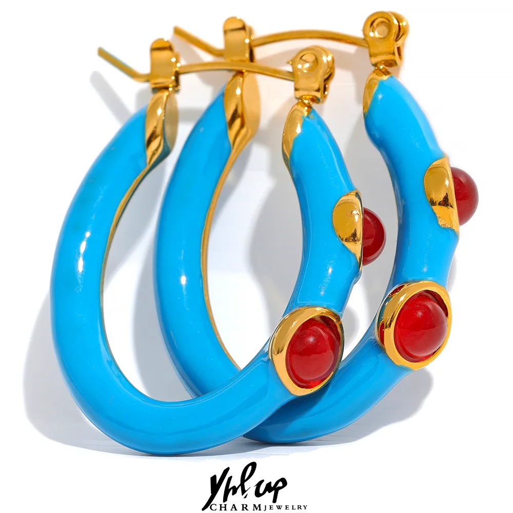 Yhpup2023NewEnamelAgateNaturalStoneStainlessSteelUnusualHoop