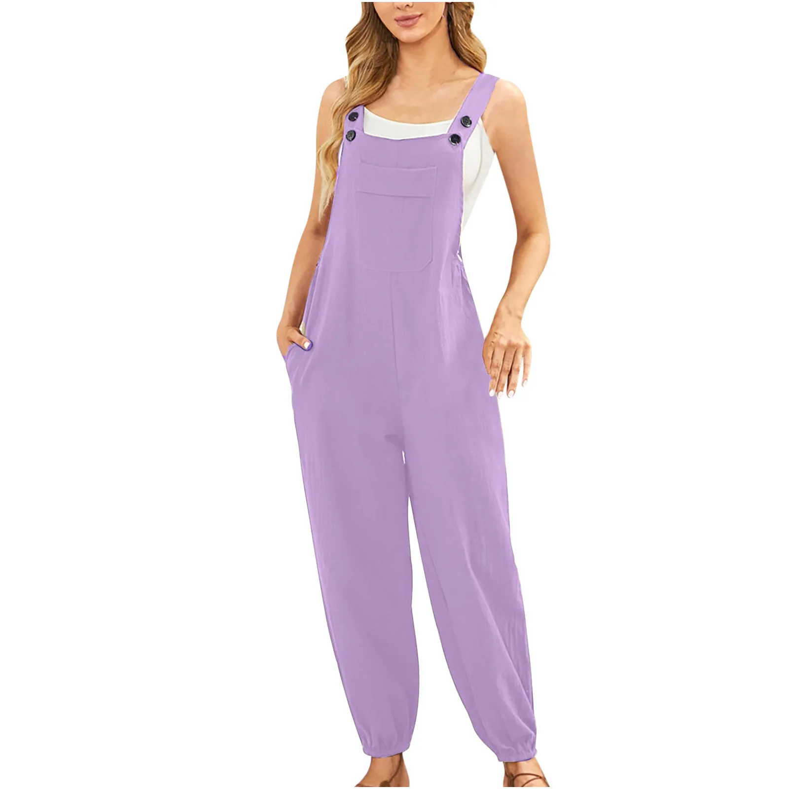 Cotton Linen Ladies Bib Pants Suspender Trouser Loose Casual Female Women One-Piece Romper Overalls Wide Leg Jumpsuit Streetwear 2