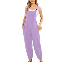 Cotton Linen Ladies Bib Pants Suspender Trouser Loose Casual Female Women One-Piece Romper Overalls Wide Leg Jumpsuit Streetwear 2
