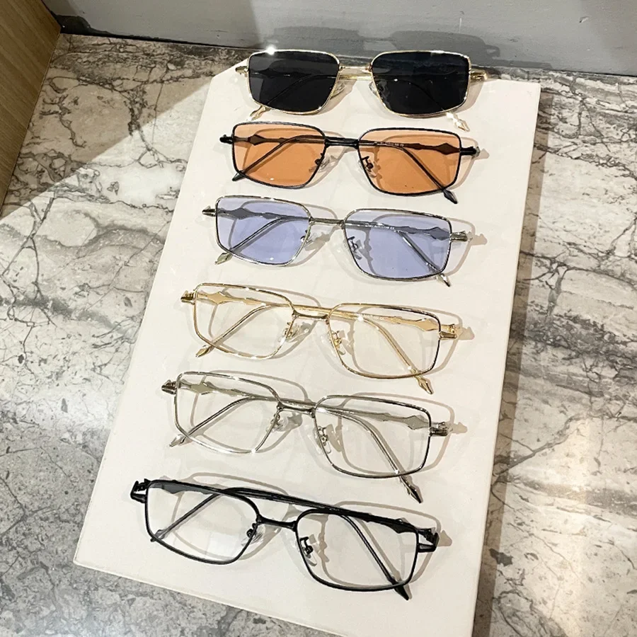 Women Men Silver Rectangle Glasses Frame Reading Fashion Eyeglasses Frames Anti Blue Square Sunglasses with Metal Frame