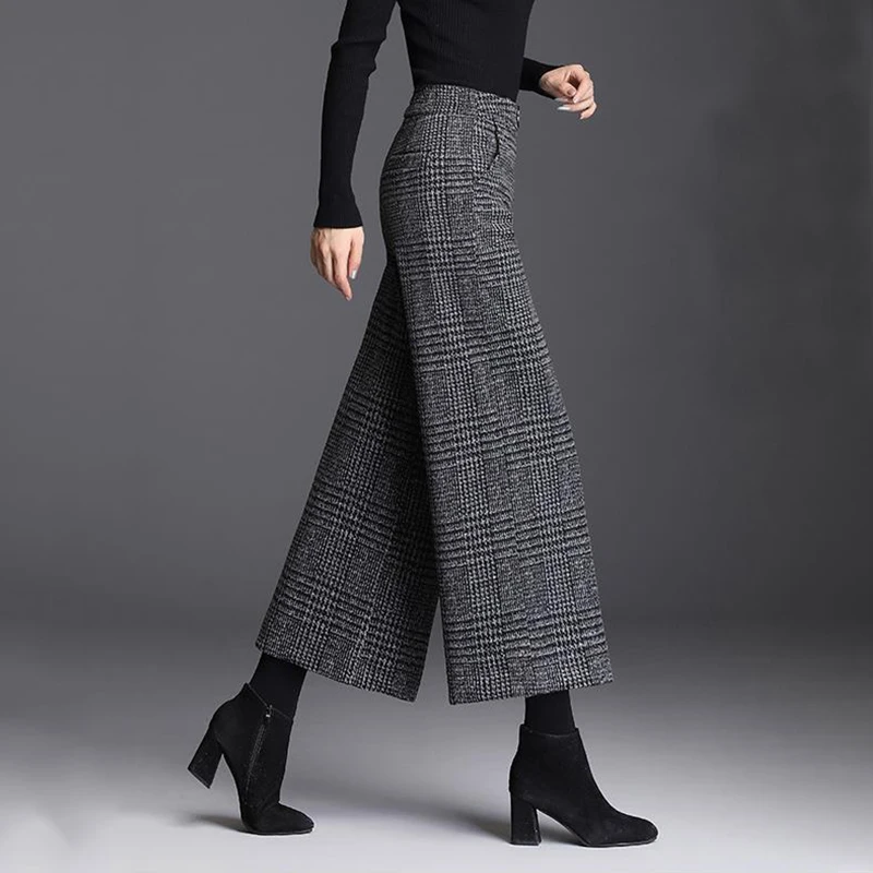 Pantaloni di lana da donna autunno inverno nuova tasca scozzese moda coreana addensare pantaloni a vita alta dritti a gamba larga alla caviglia 2