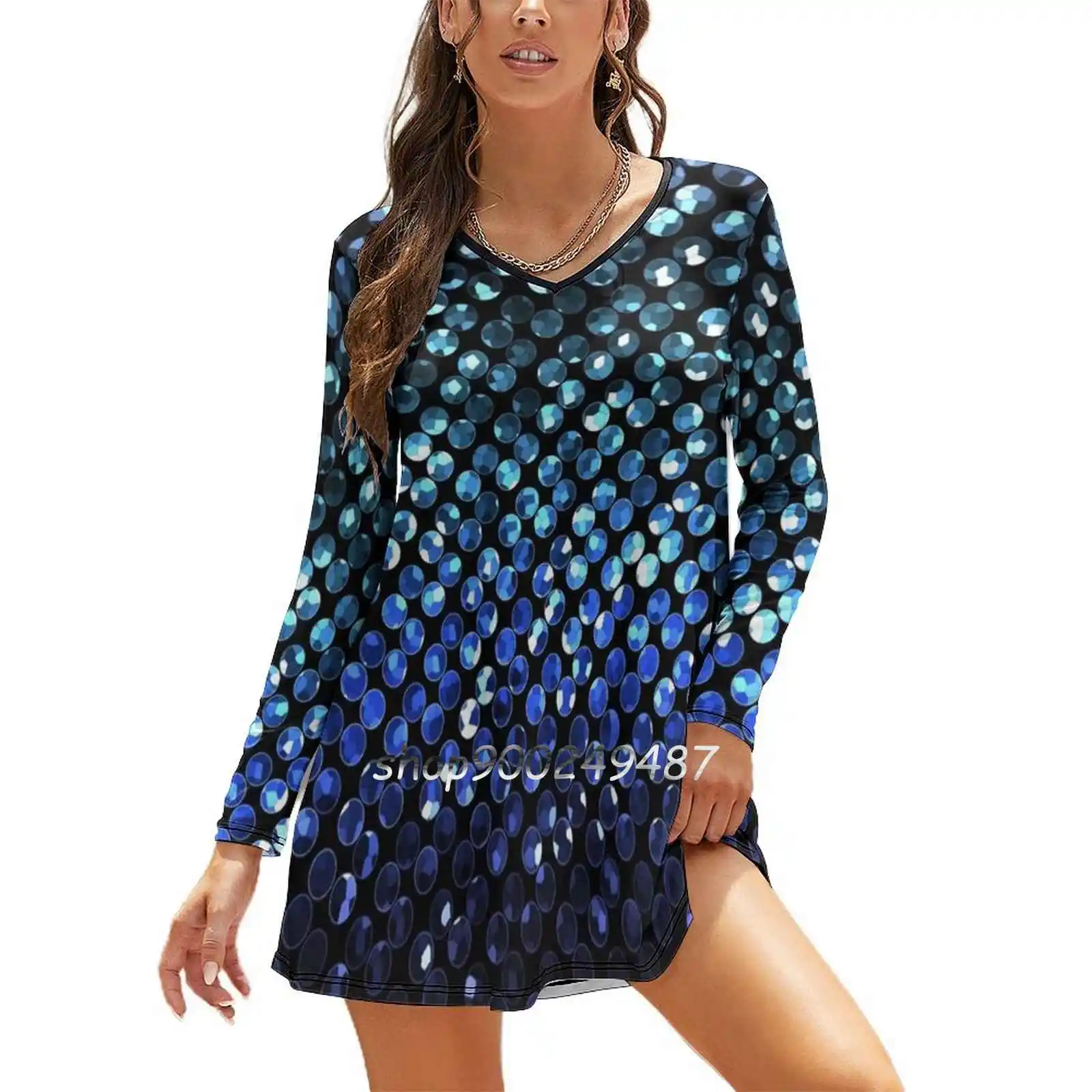 

Graphic Blue Crystal Strass Dresses For Women A-Line Korea Style Slim Long Sleeve Dress Strass Crystal Star Glitter Trendy