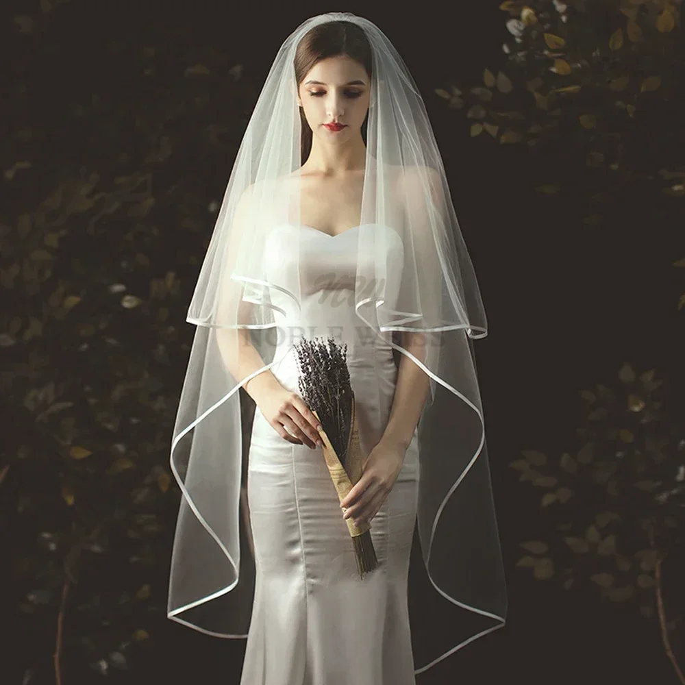 Wedding Veil Short Tulle Ribbon Edge Bridal Veils Two Layer Bride Veils Customized 2T bridal veil