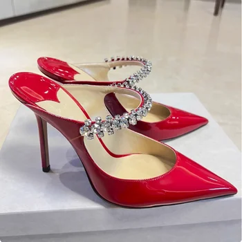 Spring and summer new high-heeled shoes Muller shoes pointed rhinestone chain fashion banquet Baotou stiletto ladies sandals