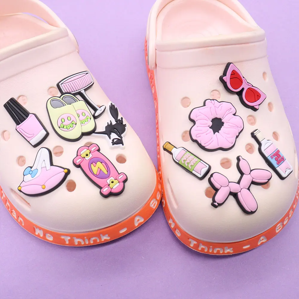 

Wholesale 50pcs PVC Shoe Charms Pink Skateboard Whiskey Sunglasses Accessories Sandal Decoration For Croc Jibz Kids X-mas Gift