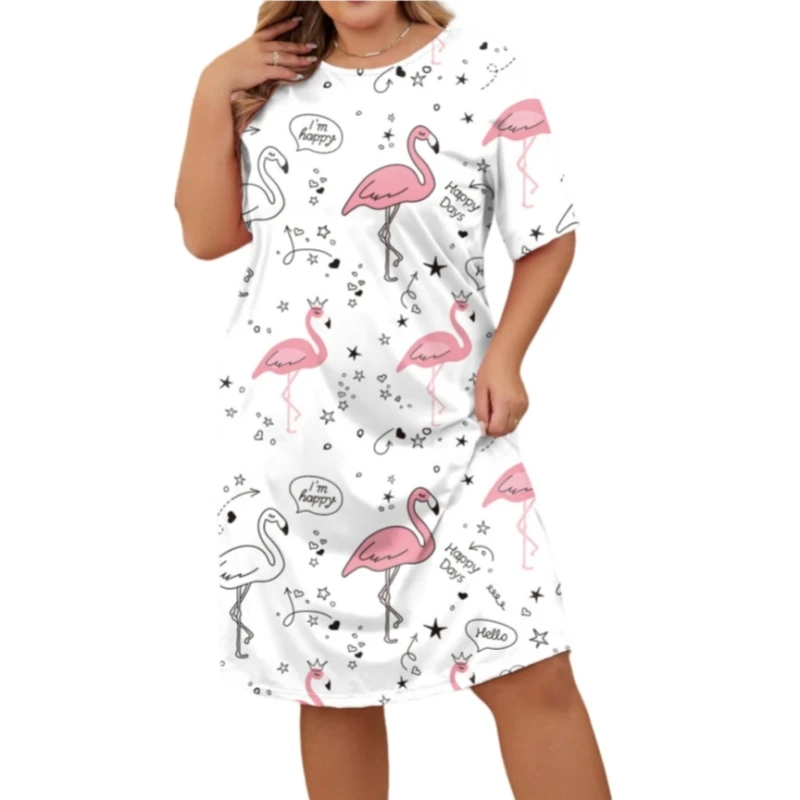 Spring Summer Women's Sexy Printed Pajamas Short Sleeve Round Neck Sleeping Dress Oversized Comfortable Casual Nightgown