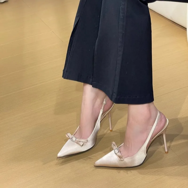 

Satin French Pointed Toe Pumps Thin Heels Tempered Back Strap Women Shoes Fairy Style Bow Toe Sandals Sandalias Mujer Verano