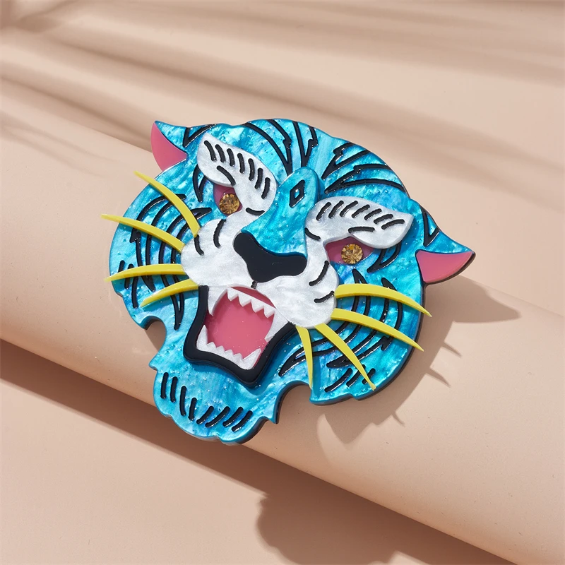 MEYRROYU Cartoon Blue Fierce Tiger Brooches Women's Stylish Acrylic Material Animal Badge Gifts Pins Accessories Jewelry Брошь