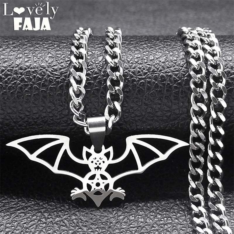 Punk Gothic Fledermaus Pentagramm Kette Halskette Frauen Männer Edelstahl Silber Farbe Tier Halloween Halsketten Schmuck Geschenk n9735s03