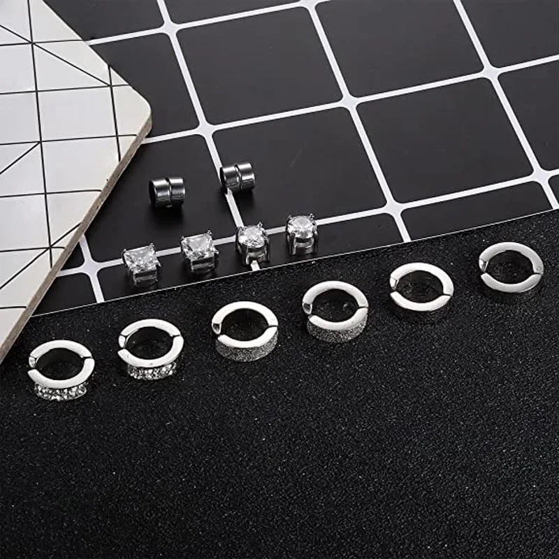 1 Pair/6 Pairs Stainless Steel Magnetic Stud Hoop Ear Clip Earrings for Men Women Clip On CZ Non-Piercing All Ages