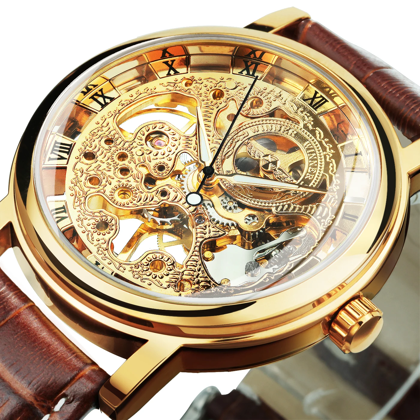 Winner Transparent Golden Case Skeleton Watch for Men Leather Strap Mens Watches Top Brand Luxury Mechanical Clock часы мужские