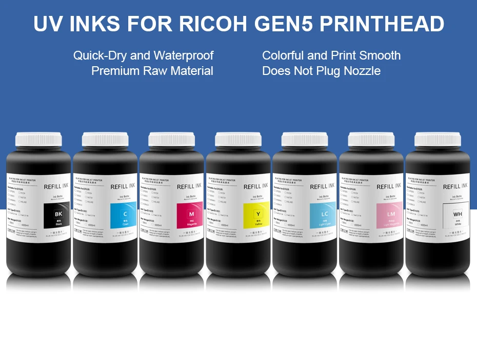 RICOH インク 1000MLUV Ink For Ricoh G3 G4 G5 G5i G6 Printhead Rigid & Flexible