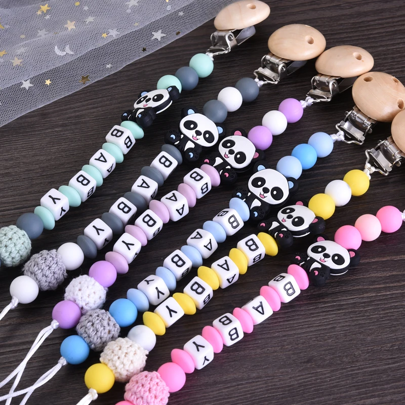 Panda Baby Pacifier Chain Cartoon Silicone Animal Beaded Teething Soother Care Chew Toy Dummy Holder Clip Personalized Name