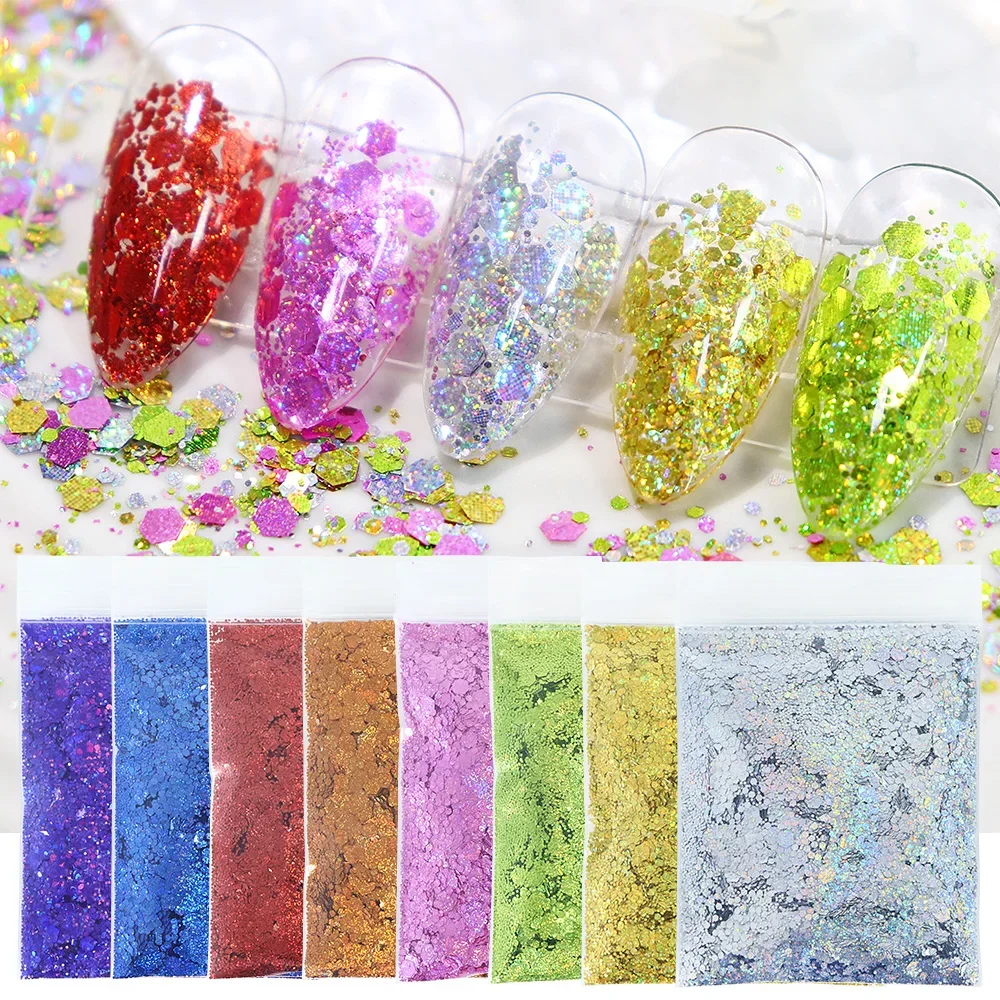

10g Holographic Silver Nail Glitter Laser Chunky Sequins Mixed Hexagon Sparkly Flakes Accessories Nails Art Decoration Supplies