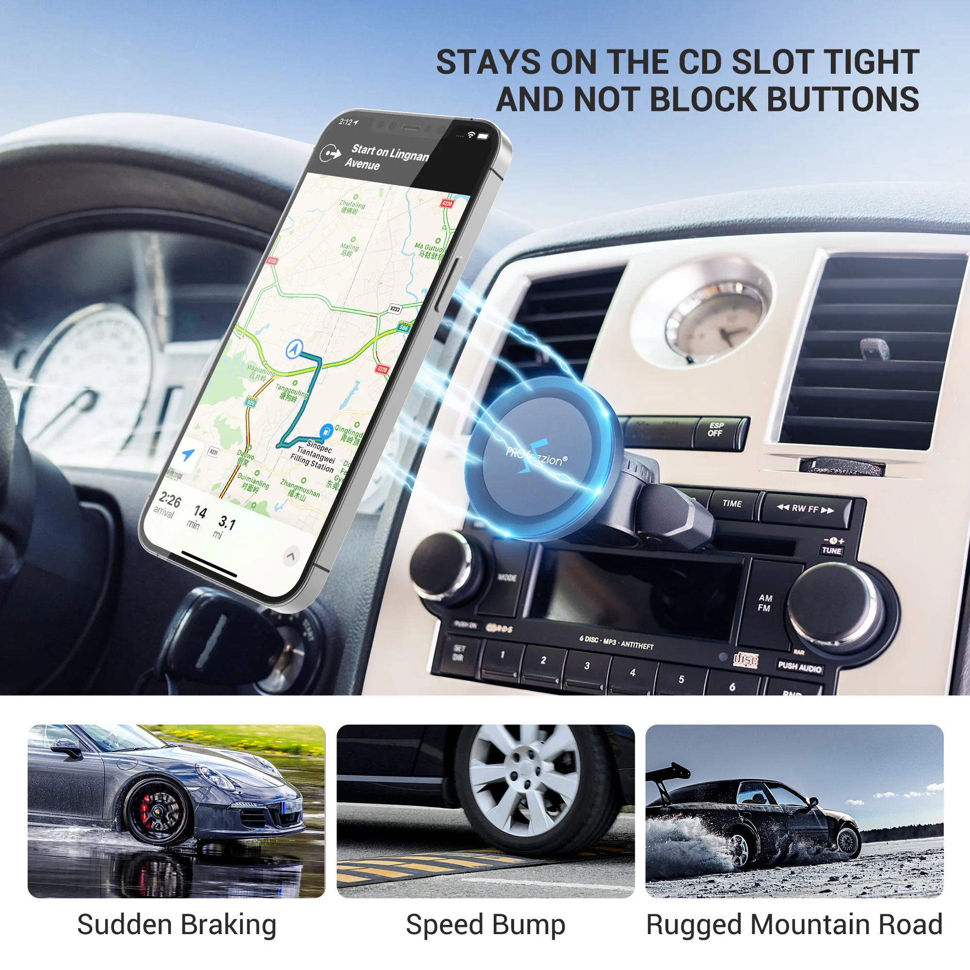 PROfezzion 마그네틱 거치대 자동차 CD 슬롯, 에어 벤트 마운트 스탠드, 휴대폰 지지대, 아이폰 16, 15, 14, 13 프로 맥스, 아이폰 14 플러스용