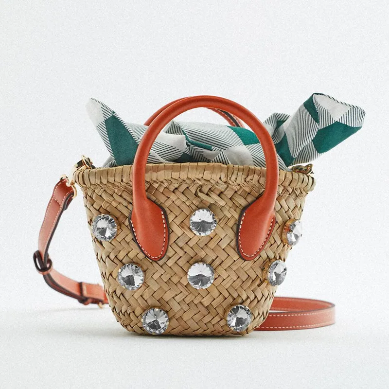 New summer water grass and diamond shoulder bag orange mini woven basket straw hand-held messenger women's |