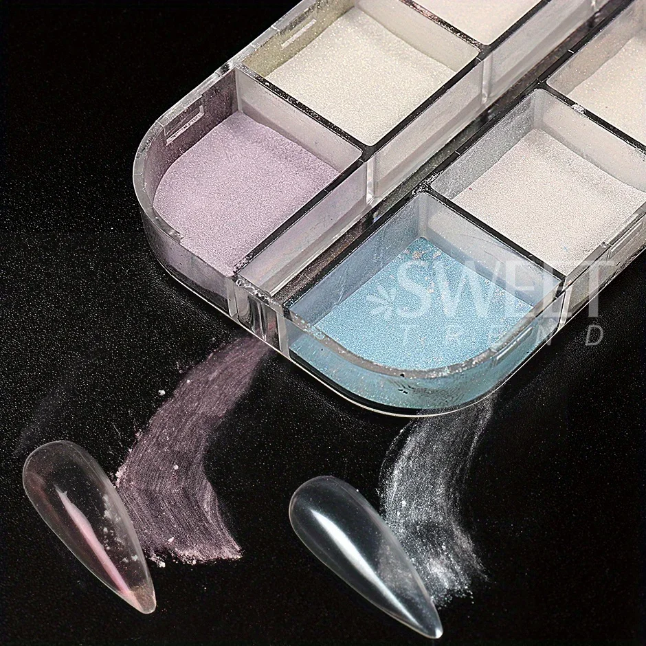 12 Grid Fairy Mermaid Nail Glitter Powder White Gloss Pearl Pigment Colorful Mirror Gel Polish Chrome Dust Winter Manicure Decor