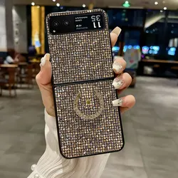 Shiny Colorful Sequin Leather Phone Case with Rhinestone Ring Buckle and Sparkling Lattice Design - Motorola Razr 40 (Gold)