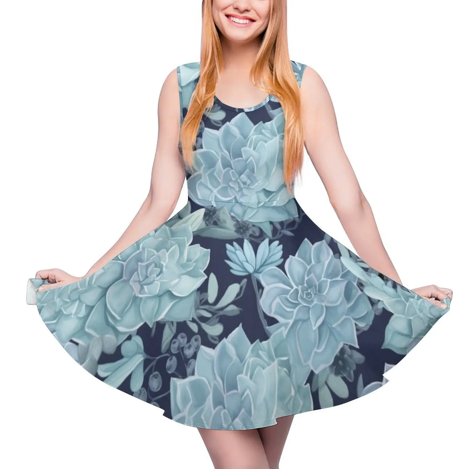 Blue Succulent Floral Clothing Design Blue Floral Pattern Blue Flower Sleeveless Dress dress women elegant luxury