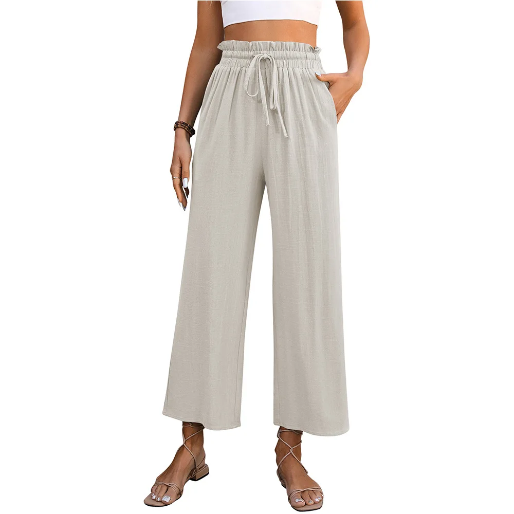 Casual Solid Color Loose Cotton Hemp High Waist Wide Leg Trousers Woman