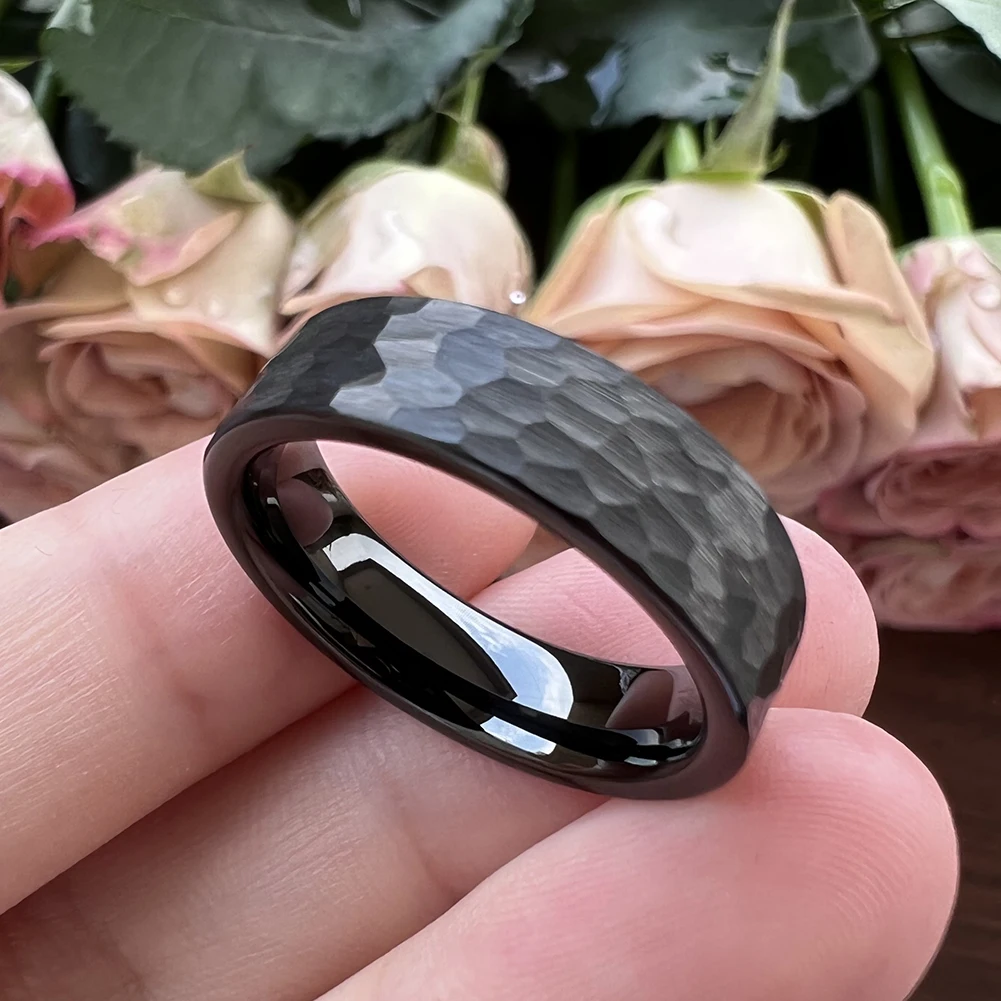 6mm Tungsten Carbide Ring Multifaceted Hammered for Men Women Engagement Wedding Band Brushed Finished Comfort Fit