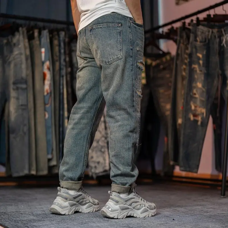 Men's Trendy American High Street Ripped Scraped Patch Patch Cloth Straight-leg Casual Jeans Trousers