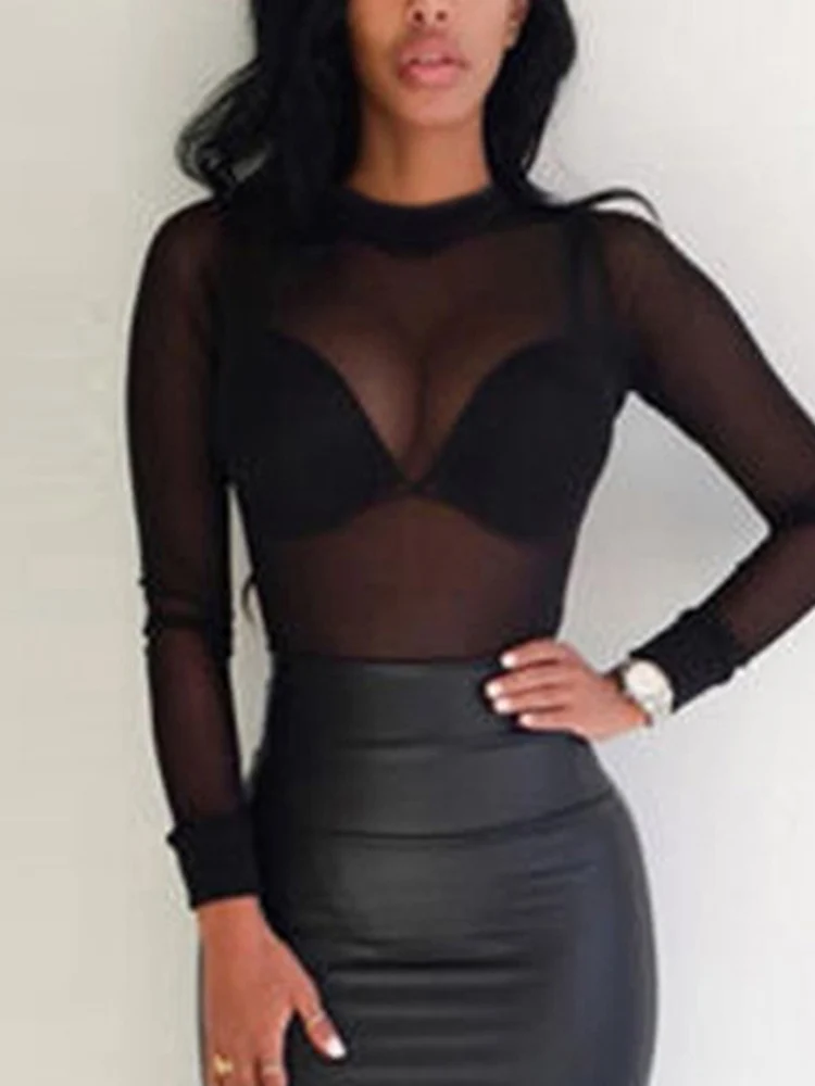 Sexy Women T Shirt See Through Transparent Mesh Tops Long Sleeve Sheer Slim Ladies Turtleneck T-Shirt
