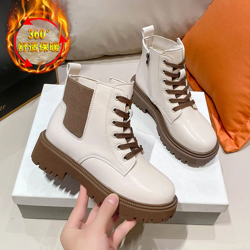 

Women's Platform Chelsea White Martens Mid Calf Ankle Boots Autumn Winter Flat Short Leather Rubber Designer