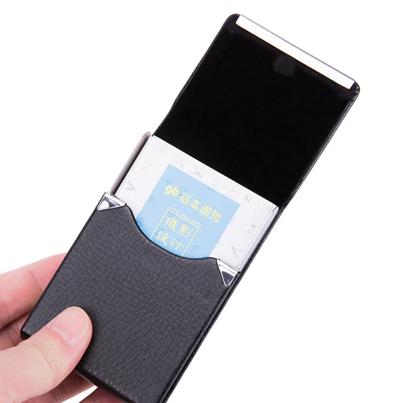

Credit Card Box Business Card Holder Name Card Holder Stainless Steel Slim Pocket Buckle PU Leather ID Case Business