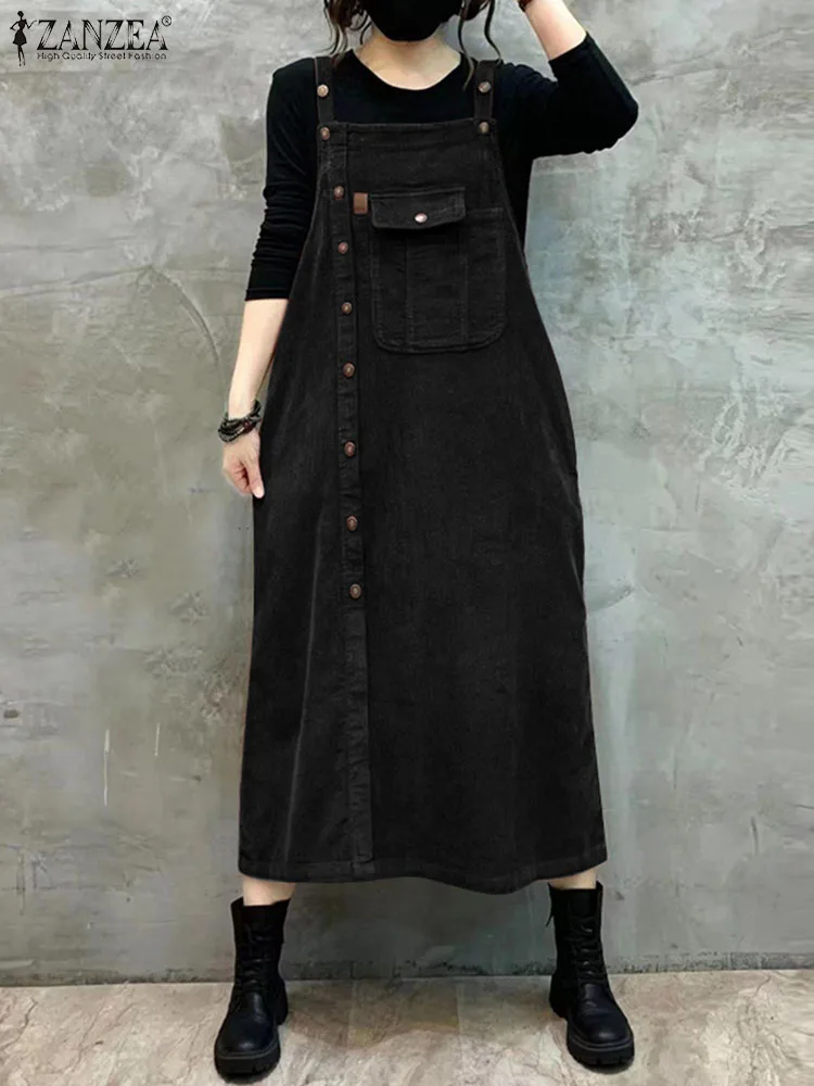 

Women Corduroy Overalls Dress Spring Summer Sundress ZANZEA Vintage Solid Sleeveless Vestidos Midi Dresses Sarafans Kaftan Robe