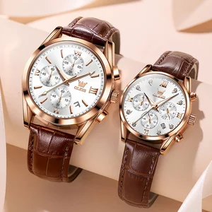 OLEVS Couple Watch for Men Women Waterproof Quartz Wristwatch Men Women Leather Strap Chronograph Design Lover's Watch Gifts