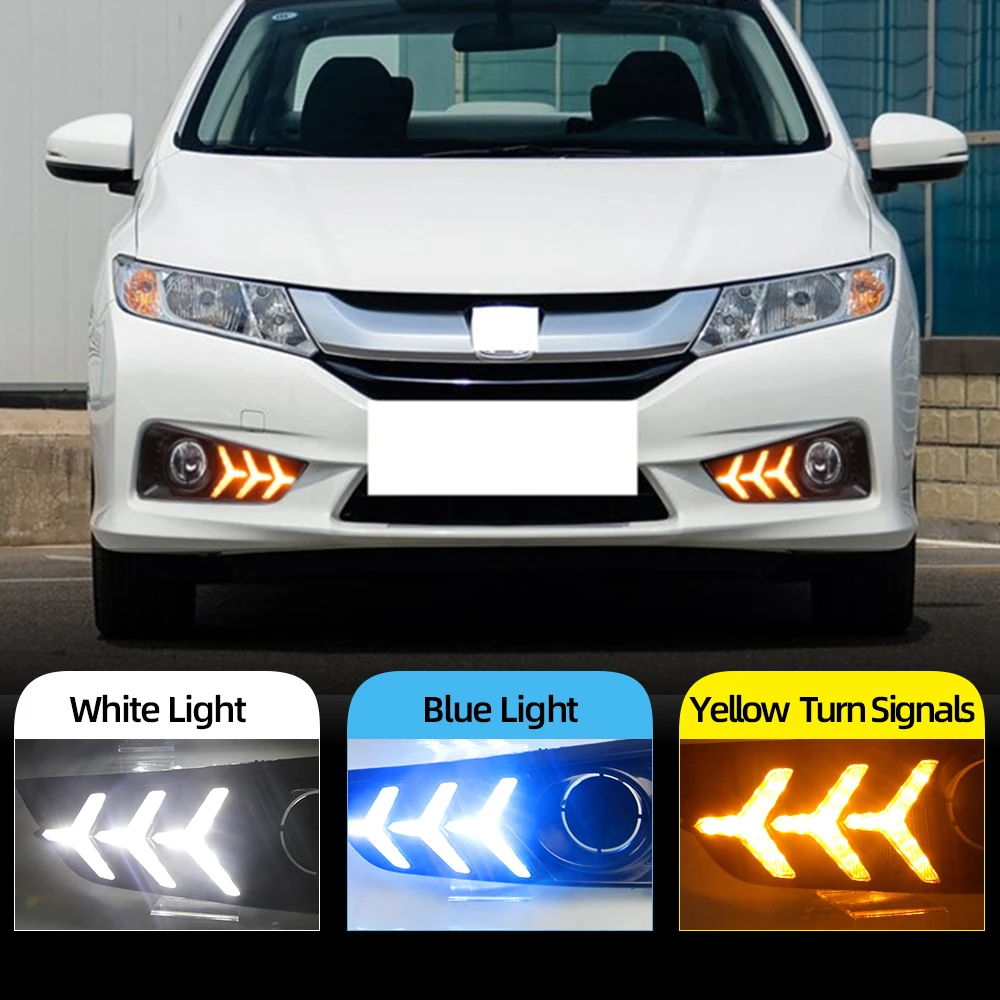 2PCS DRL For Honda City Grace 2015 2016 LED Daytime Running lights Fog Lamp  cover Headlight with Yellow turn signal
