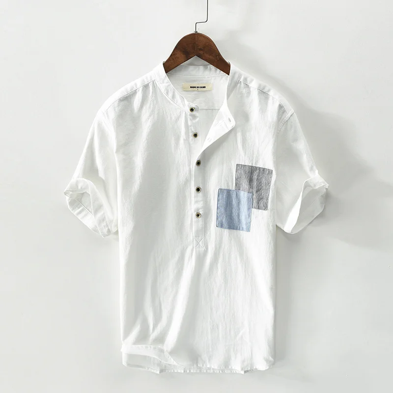 

Summer Cotton Linen Pullover Short Sleeve Tshirts For Men Japanese Styles Classic Breathable Chest Patch Tops Shirt Streetwear