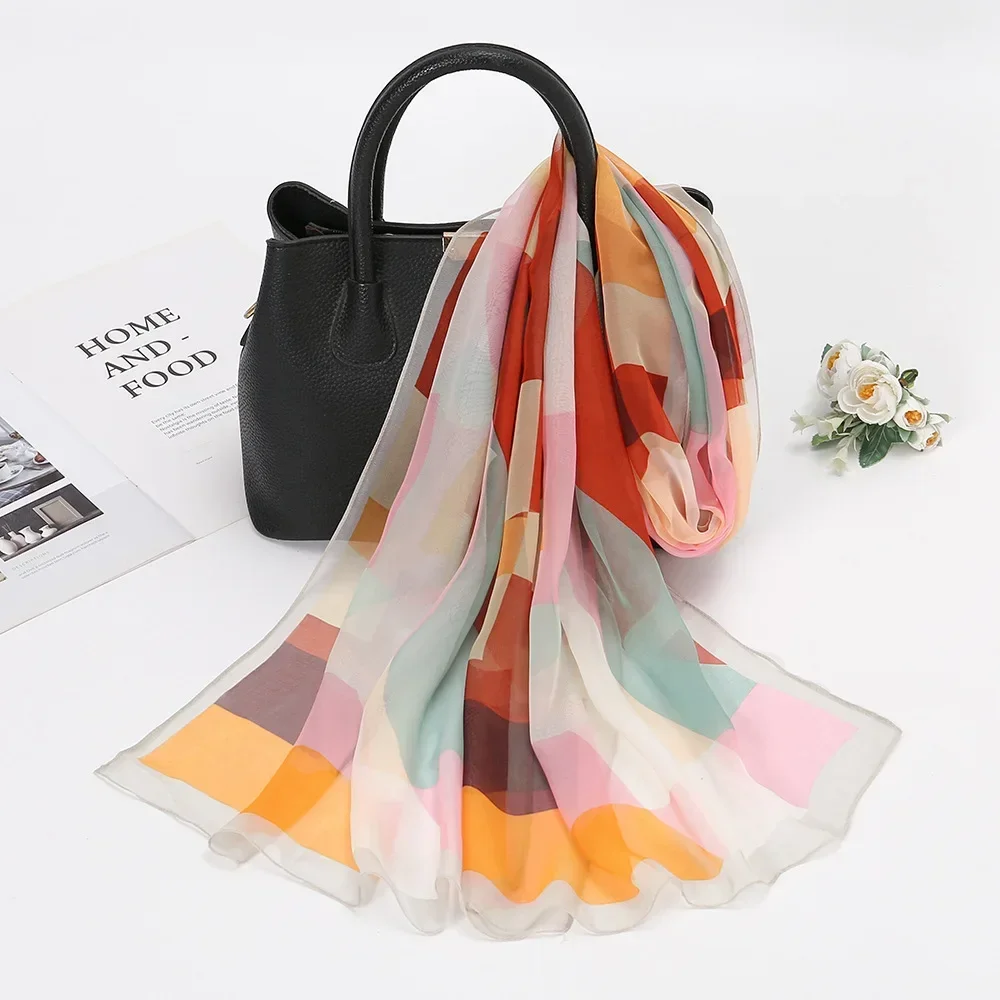 

Summer New Chiffon Scarf For Women Colored Plaid Patchwork Sunscreen Scarves Soft Thin Foulard Viscose Autumn Female Wrap Shawls