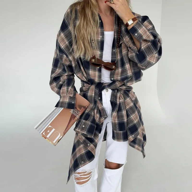 Blusa retro informal para mujer, moda Otoño Invierno 2025, camisas largas holgadas, cárdigan básico a cuadros para mujer, ropa de calle para mujer