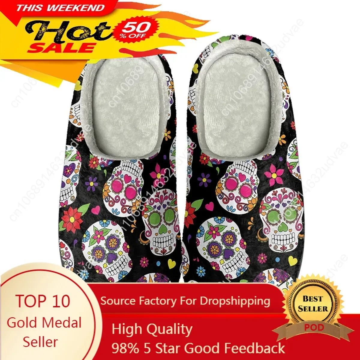 Sugar Skull With Floral Pattern Couple Winter Thick Gothic Style Home Indoor Outdoor Keep Warm Shoes For Female Girl