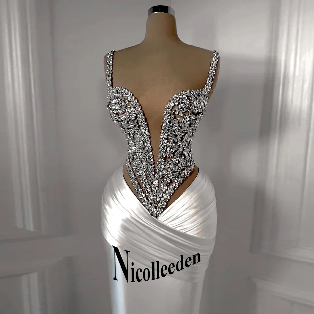 Nicolle Charming Spaghetti Straps Evening Dresses for Women Rhinestones Pageant Celebrity Dresses Vestidos De Gala Customized 1