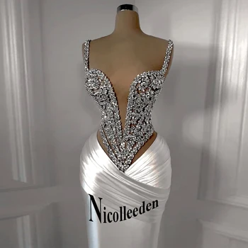 Nicolle Charming Spaghetti Straps Evening Dresses for Women Rhinestones Pageant Celebrity Dresses Vestidos De Gala Customized 1