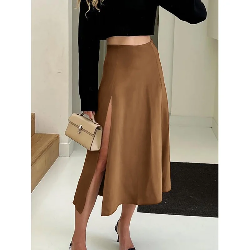 Autumn Sexy Imitation Acetate Satin Brown Slim Fit Slit Skirt Mid-Length Skirt Women's High Waist A- line Skirt Yy18