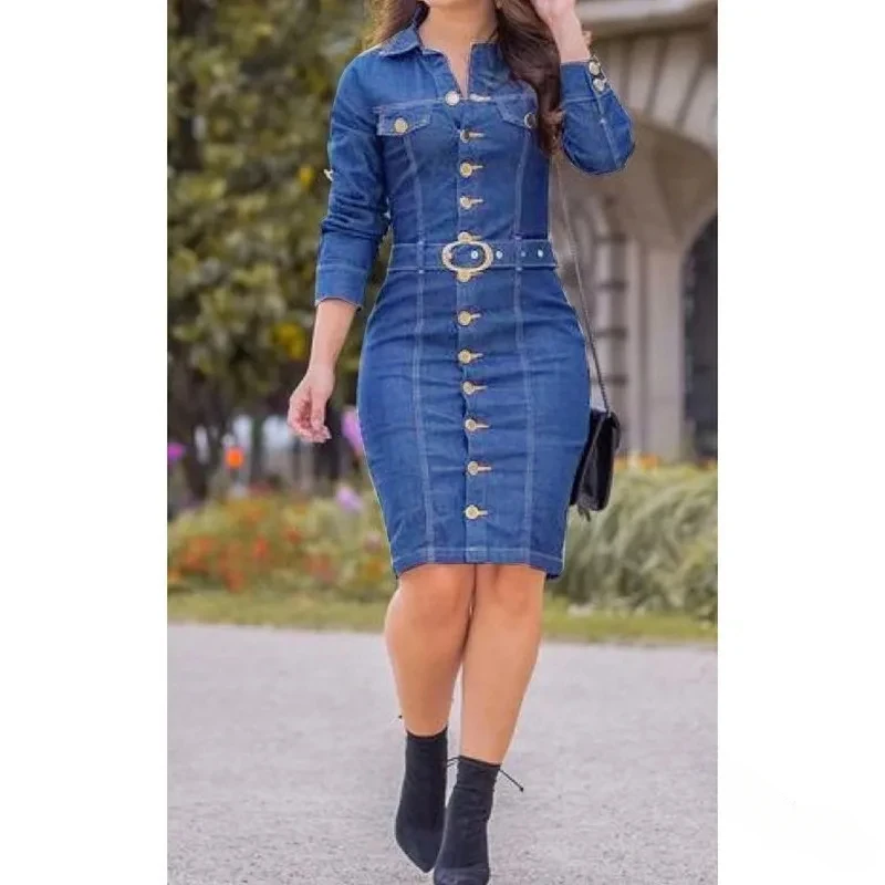 

2023 Ladies Fashion Fastener Decoration Lapel Single Breasted Long Slim-Fit Long-Sleeved Denim Goddess Dress