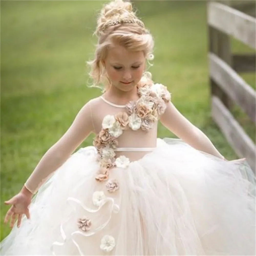 

Flower Girl Dresses Long-sleeved Perspective Layered Tulle Decal Princess Wedding Party Dance First Communion Gowns Kids Gift